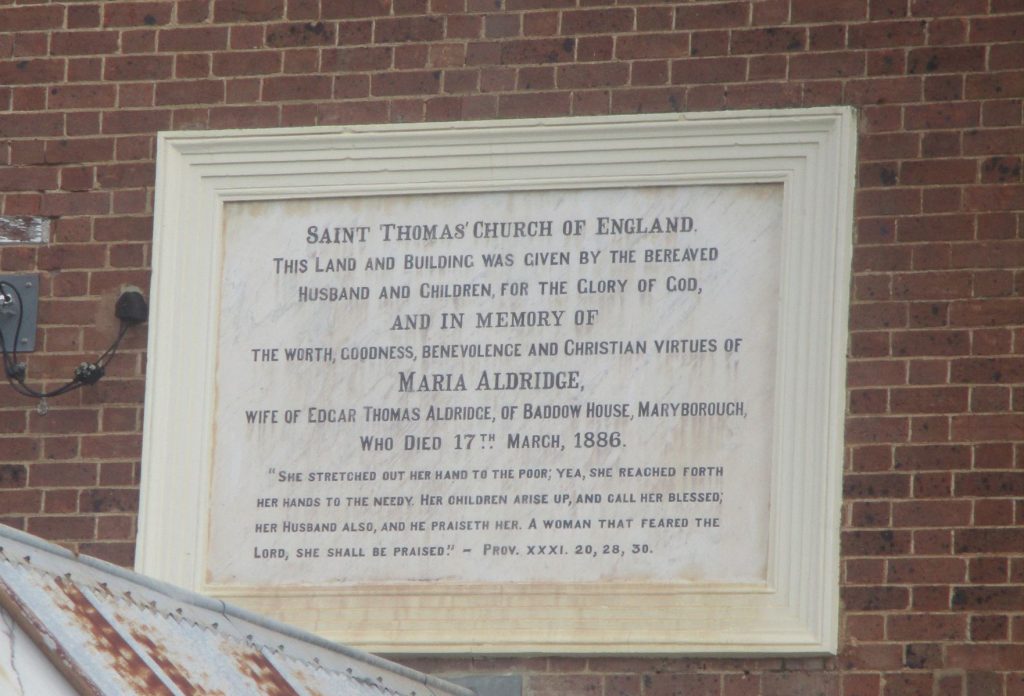 The plaque above a door of St Thomas' Church, Maryborough in memory of Maria Aldridge