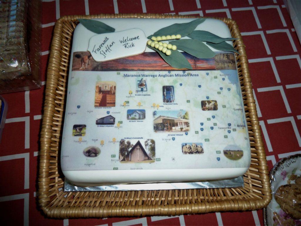 A cake lovingly made by Carmel Jensen on the occasion of The Rev'd Stefan's farewell and The Rev'd Rick's welcoming
