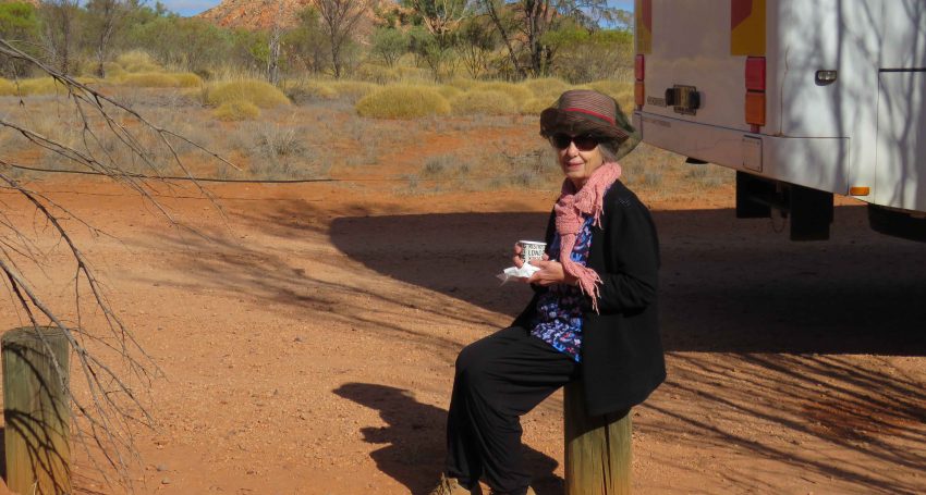 Jean Anderson enjoying morning tea inland from the Stuart Highway