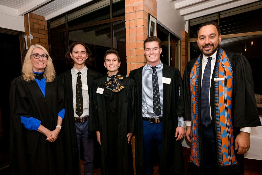 Dr Metuamate is pictured with Warden Rose Alwyn and students Zennjo Searle, Piran Lombard and Flynn Stewart