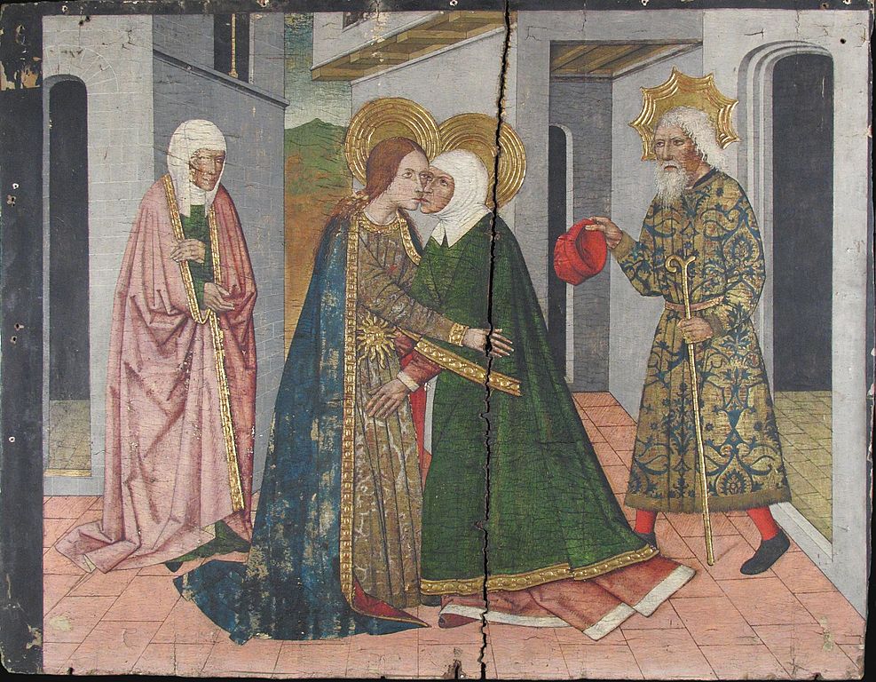 Mary visiting Elizabeth in The Visitation Panel from Saint John Retable 