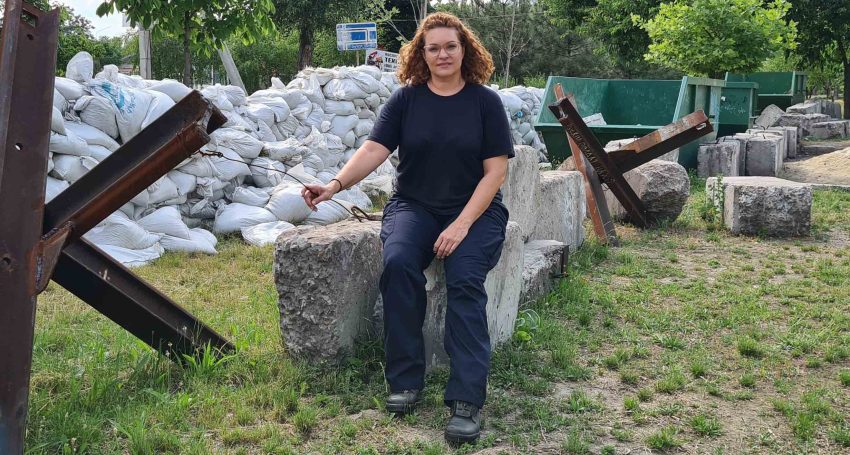 Helen Zahos at an anti-tank barrier