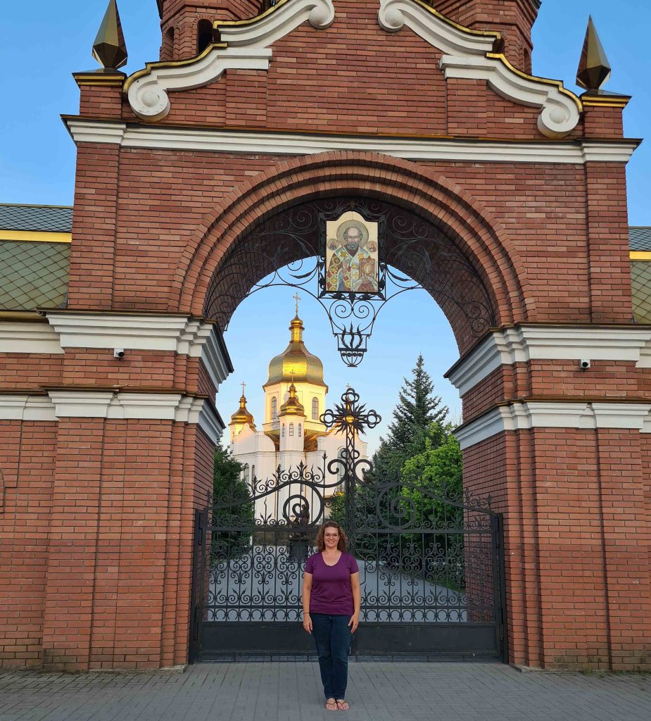 Helen Zahos outside an Orthodox Church in Ukraine