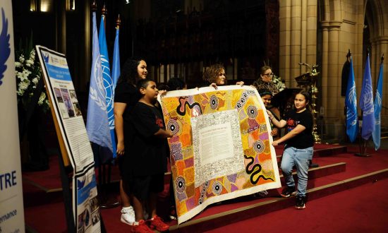 The original Uluru Statement From the Heart canvas was brought to St John’s Cathedral
