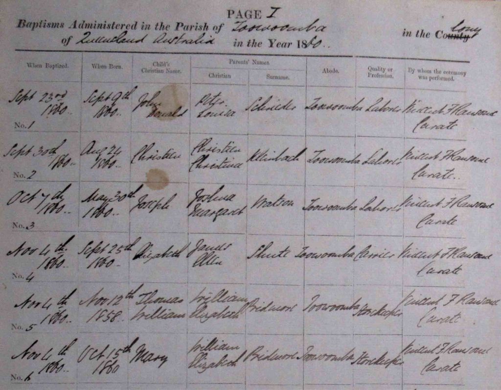 The first entries in the Baptism register for St James', Toowoomba in 1860