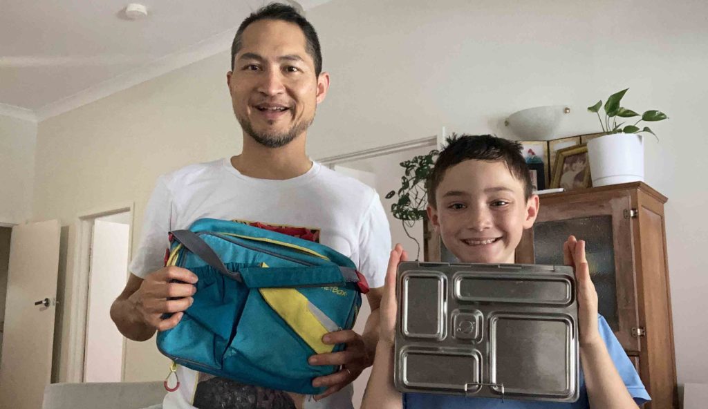 Peter Branjerdporn and Ezra with school lunchbox hardware