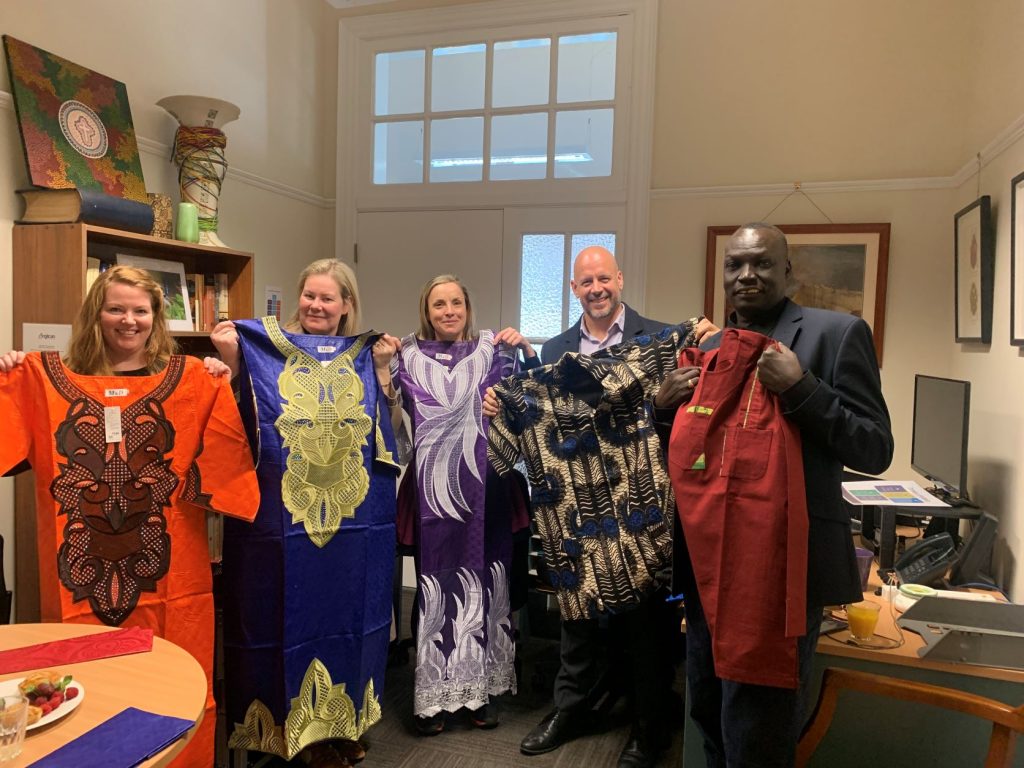 Dr Stephen Harrison, Belinda Macarthur, Rebecca McLean and Michelle McDonald welcoming beloved team member Bishop Daniel Abot back from South Sudan