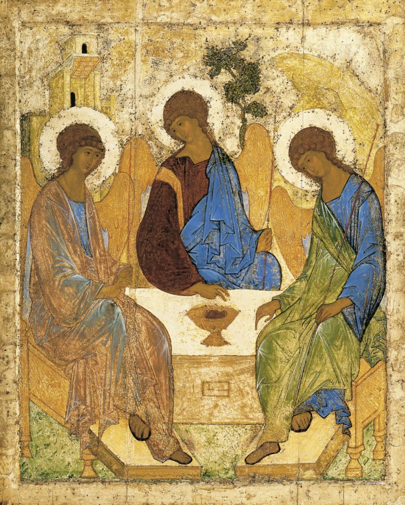 Rublev's famous early 15th century icon, The Trinity, showing the three Angels being hosted by Abraham at Mambré 