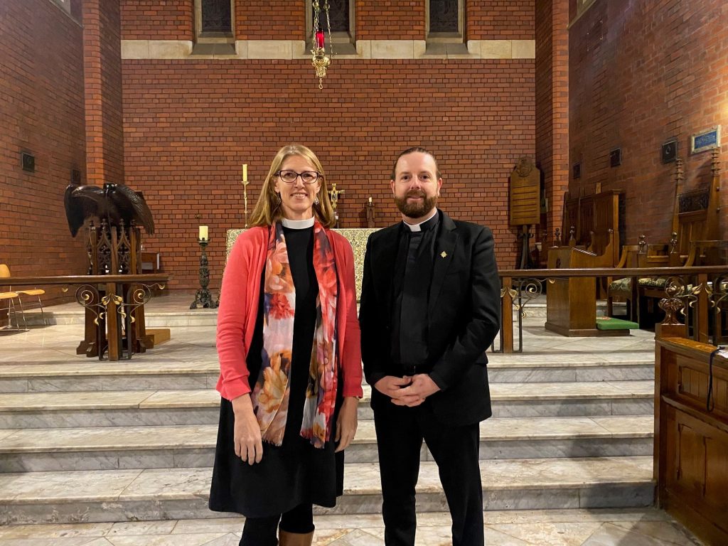 St John’s College UQ Chaplain The Rev’d Samuel Dow and Director of Discernment and Formation The Rev’d Canon Sarah Plowman in the Chapel at Trinity College, Melbourne during the CUAC Triennial Conference in July 2023