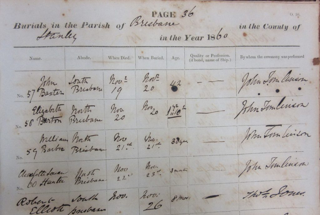 Extract from The Parish of Brisbane's Burial Register noting William Barber's Funeral Service