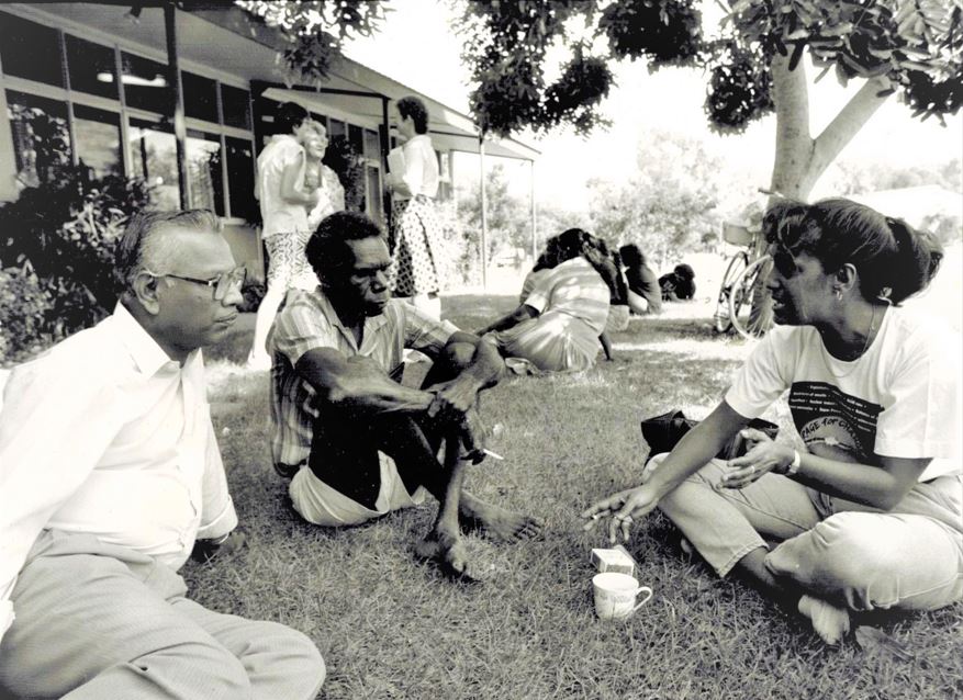 Bakthan Tityus, an Aboriginal staff member and Anne Pattel-Gray at Nungalinya Theological College in 1990