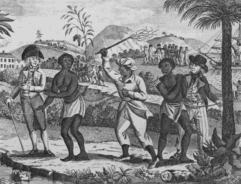 An 18th century engraving showing newly arrived African captives — a woman and a man — for the Caribbean slave trade 